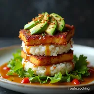 The Ultimate Crispy Teriyaki Tofu and Avocado Rice Stack