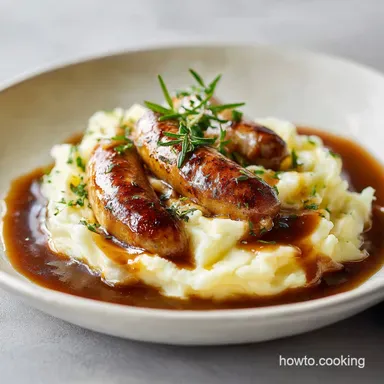 Bangers and Mash: Creamy Mash Rich Onion Gravy Recipe Card