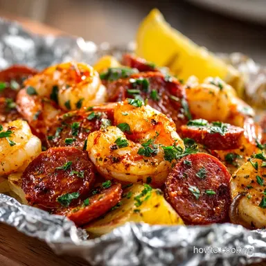FussFree LemonGarlic Shrimp and Chorizo Foil Packet Meals Recipe Card