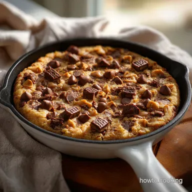 Peanut Butter Skillet Cookie with Reeses: Fudgy Pizookie Recipe Card