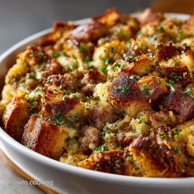 Sausage Herb Stuffing: Ultimate Sourdough Dressing, Crisp Edges Recipe Card