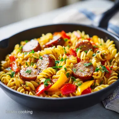 Sticky Honey Garlic Sausage Pasta Skillet for 4 Servings Recipe Card