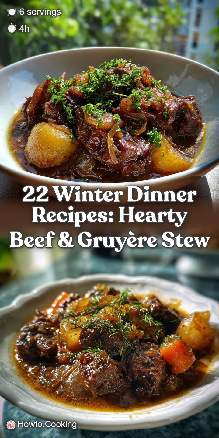 Close-up of bubbling beef stew with melting cheese, golden onions, and tender beef. Intense aroma and steam, promising com...