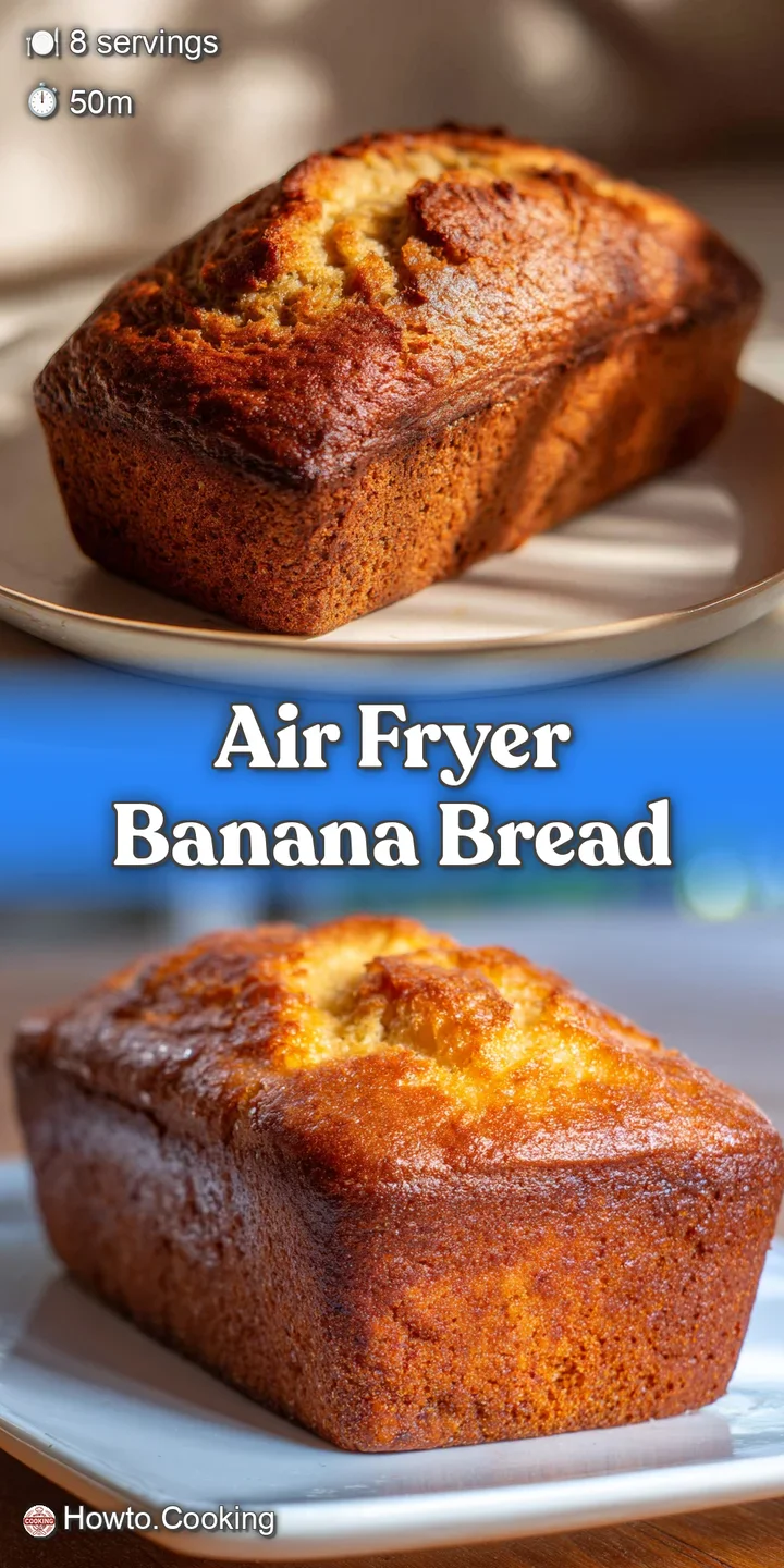 Close-up of air fryer banana bread. See the golden crust, soft texture, and nutty bits. Smells like home baking. Delicious!