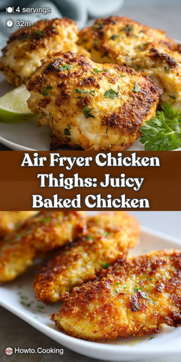 Juicy air fryer chicken thigh, close-up, showcasing the golden-brown crispy skin and tender meat, glistening with rendered...