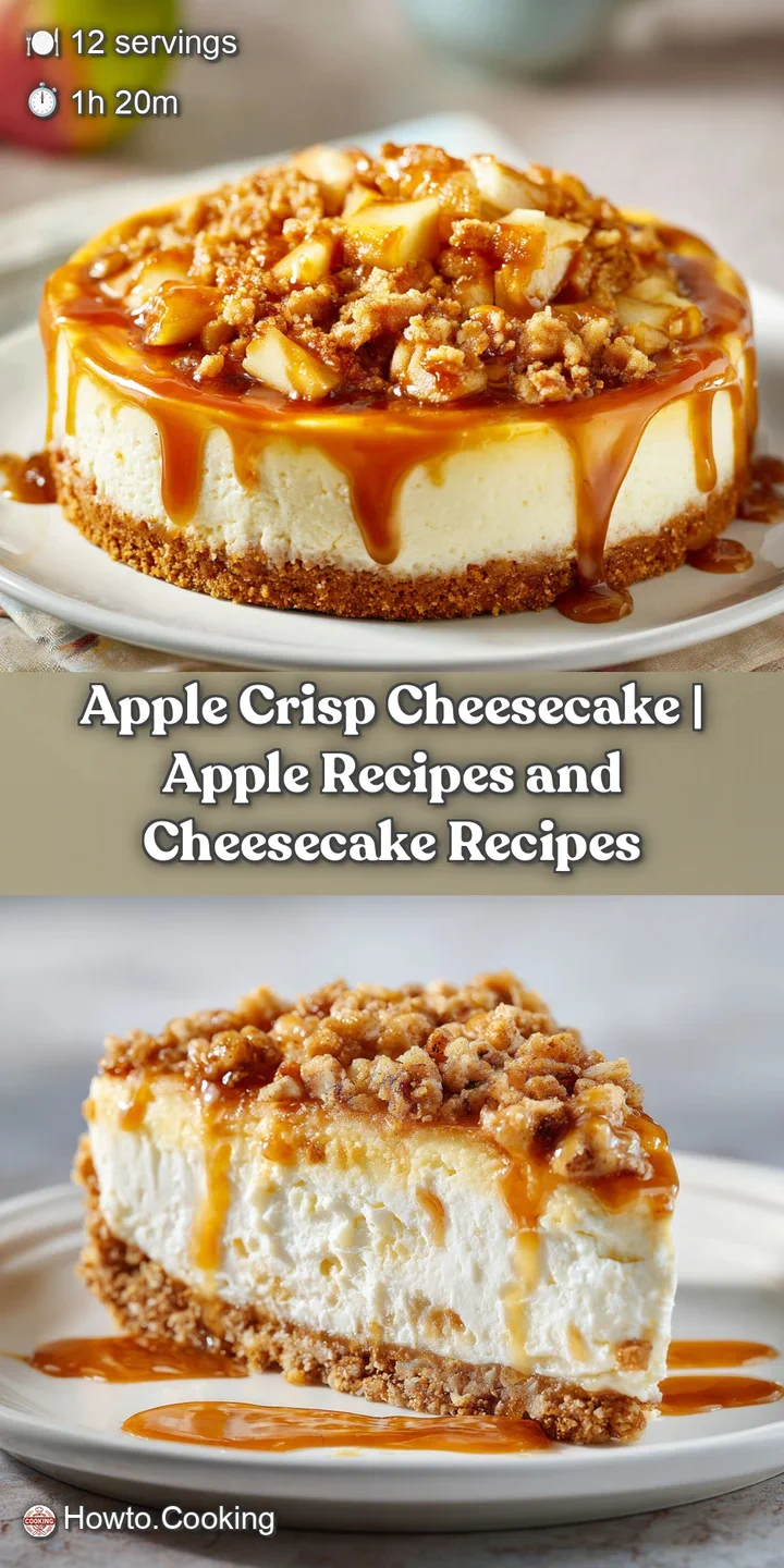 Close-up of a warm apple crisp cheesecake slice, revealing gooey apple filling and a textured oat topping.