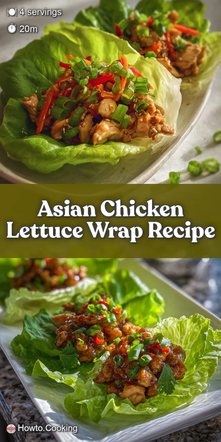 Close-up of Asian chicken lettuce wrap. The glazed chicken glistens, nestled in crisp lettuce with colorful toppings.