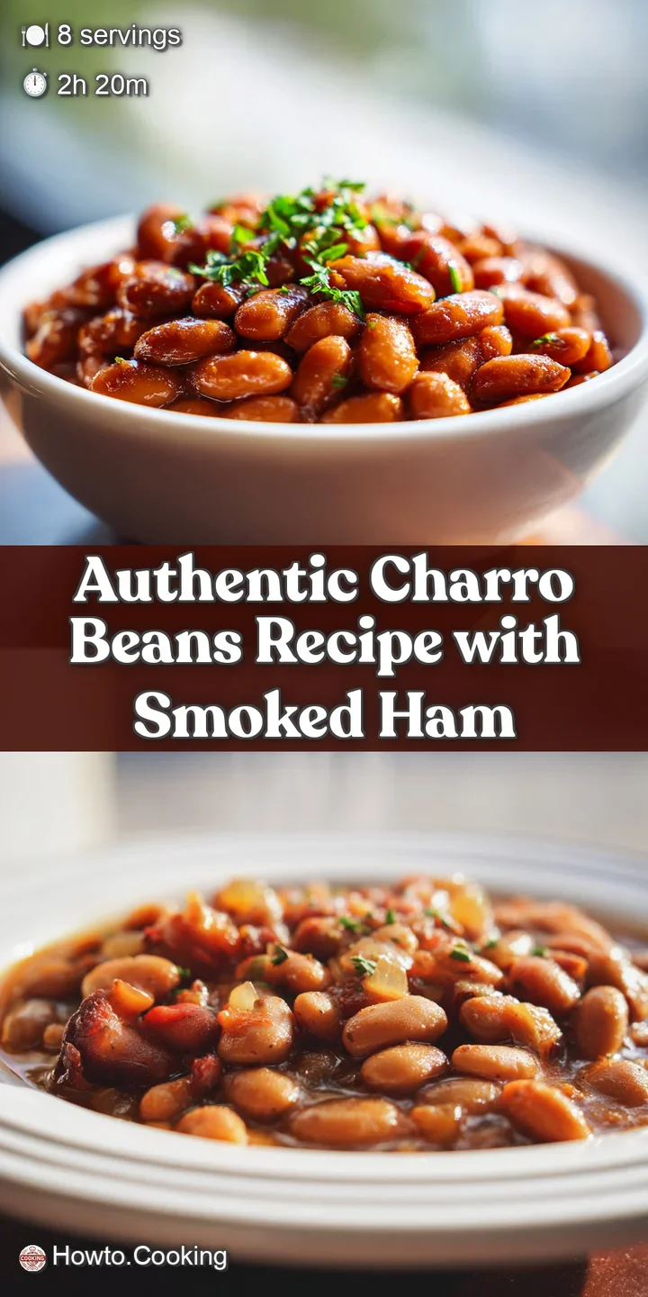 Close-up of charro beans, showcasing tender pinto beans, bits of smoky bacon, and a rich, flavorful broth speckled with he...