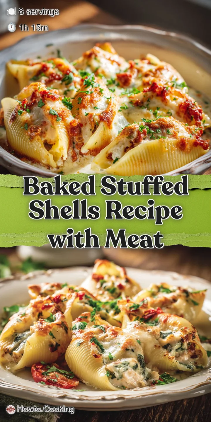 Close-up of a stuffed shell oozing with creamy ricotta filling, topped with melted mozzarella and vibrant tomato sauce. De...