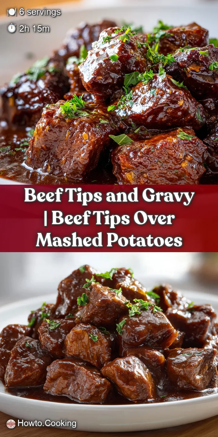 Close-up of succulent, glistening beef tips coated in a thick, velvety brown gravy with steam rising from the meat.