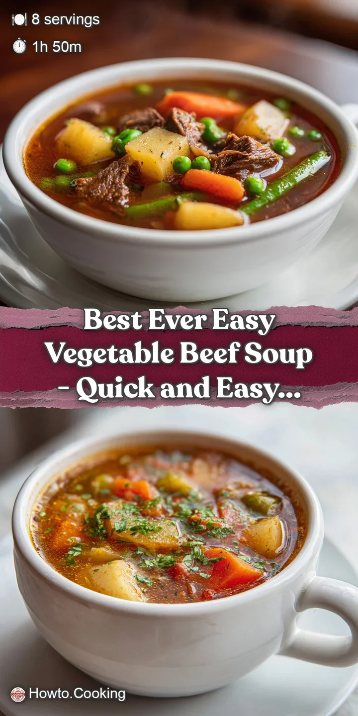 Close-up of tender chunks of beef and bright, softened carrots and peas in a flavorful, steaming broth.