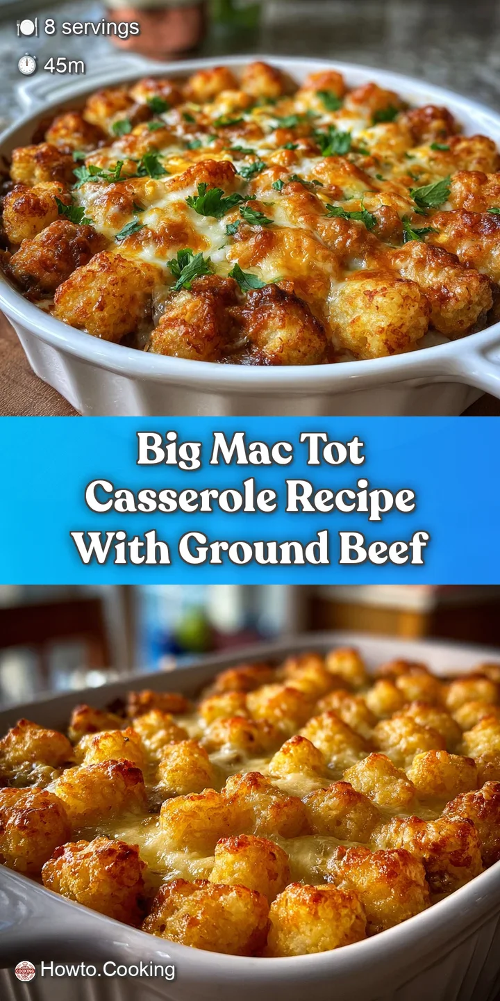 Up-close view of bubbly melted cheese & golden tater tots. Hints of savory ground beef & sauce peek through the topping.