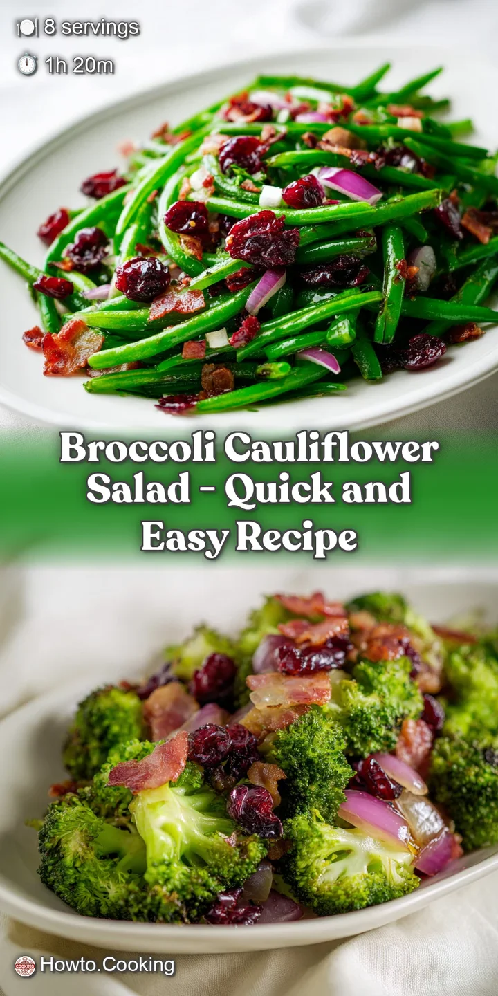 Close-up of creamy, glistening cauliflower and broccoli florets paired with crispy, golden-brown bits of salty bacon.