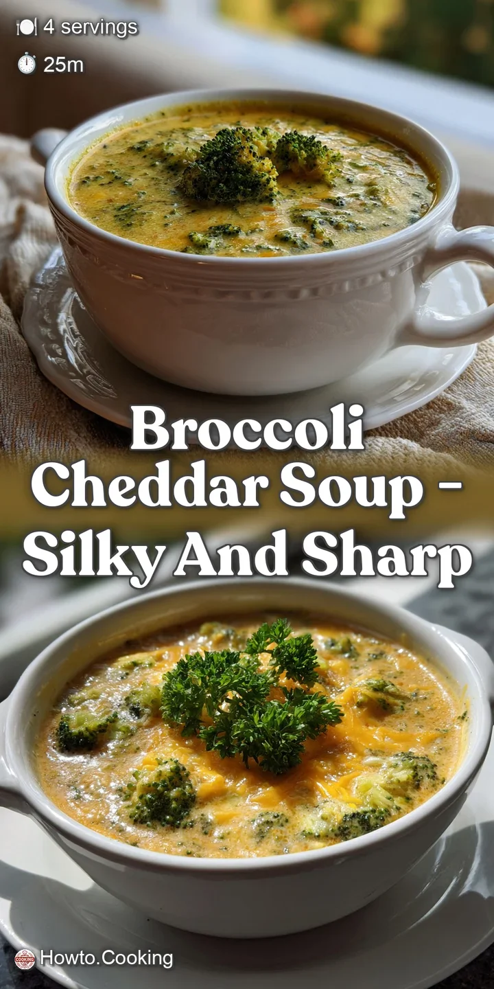 A close-up of velvety broccoli cheddar soup, showing the rich texture. Threads of cheese stretch as a spoon lifts the savo...
