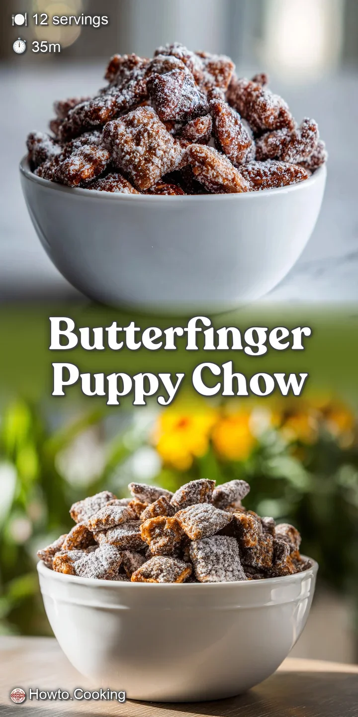Close-up of puppy chow: chocolate-covered cereal pieces with a dusting of powder, revealing visible Butterfinger bits and ...