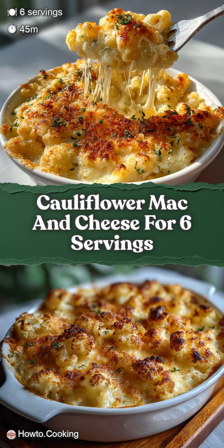 Close-up shows creamy, textured cauliflower mac and cheese with browned bits of cheese. Hot, comforting, and inviting.
