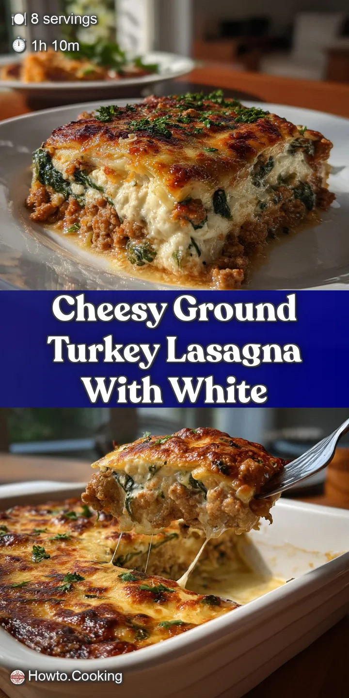 Close-up of creamy white sauce oozing from a cheesy lasagna, showcasing layers of ground turkey and vibrant green spinach....