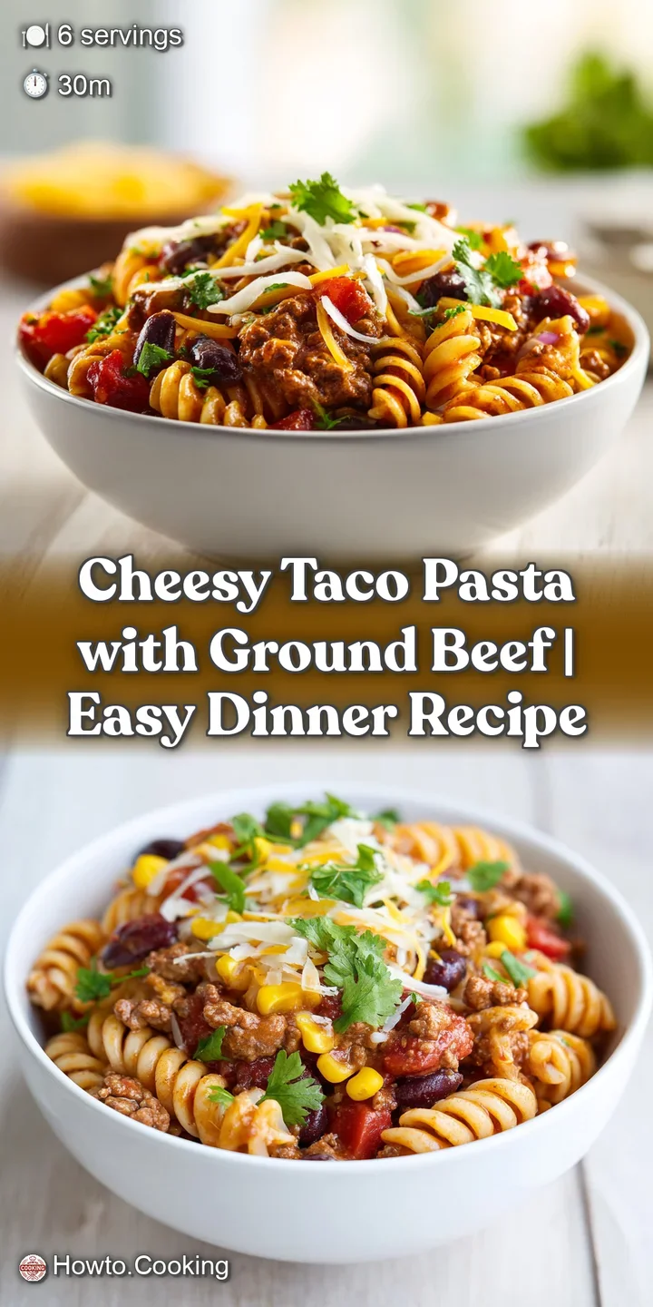 Close-up of glistening taco pasta, showcasing browned ground beef, melted cheese, and a vibrant mix of seasonings.