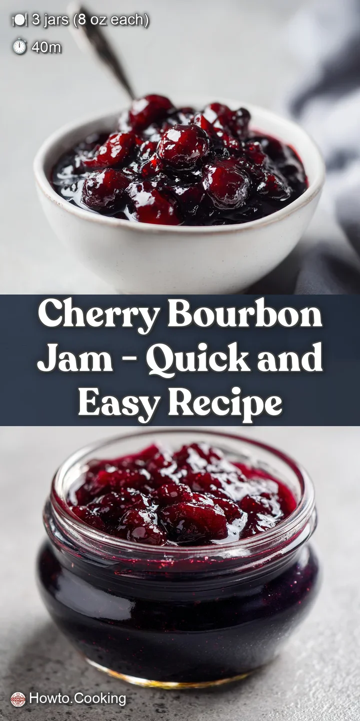 Close-up of dark crimson cherry jam, its thick, luscious texture highlighted by reflected light and plump fruit.