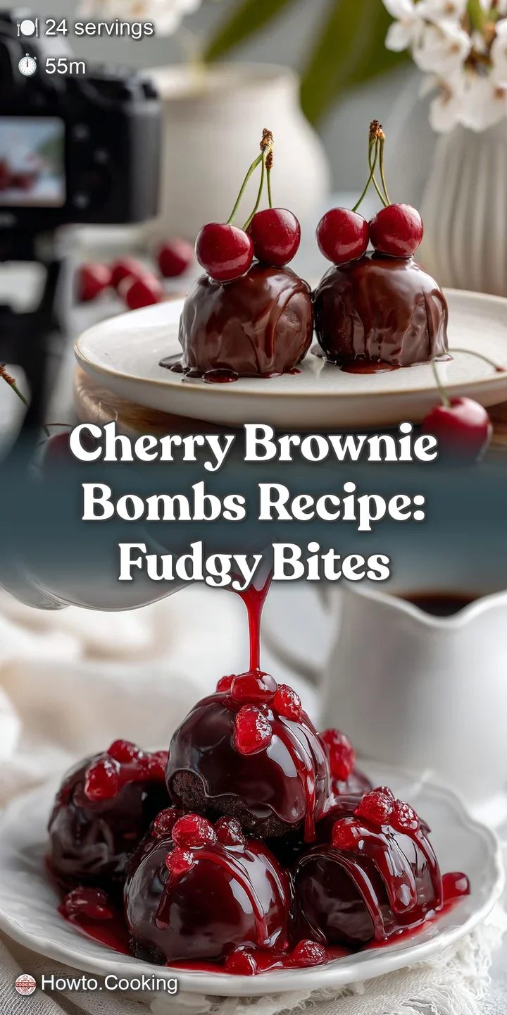 Close-up showcasing the fudgy texture of a dark chocolate brownie bite, crowned with a glistening, plump red cherry, looks...