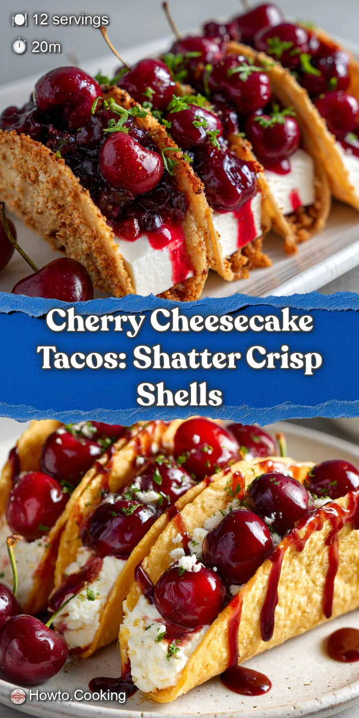 Close-up of a cherry cheesecake taco showcasing the creamy, swirled filling and plump, juicy cherries nestled inside a gol...