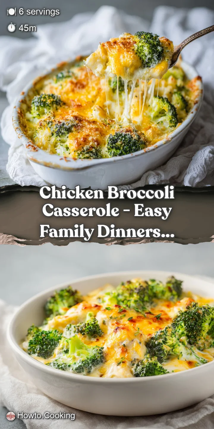 Close-up of a creamy chicken broccoli casserole, highlighting tender chicken pieces and bright green broccoli in a rich sa...