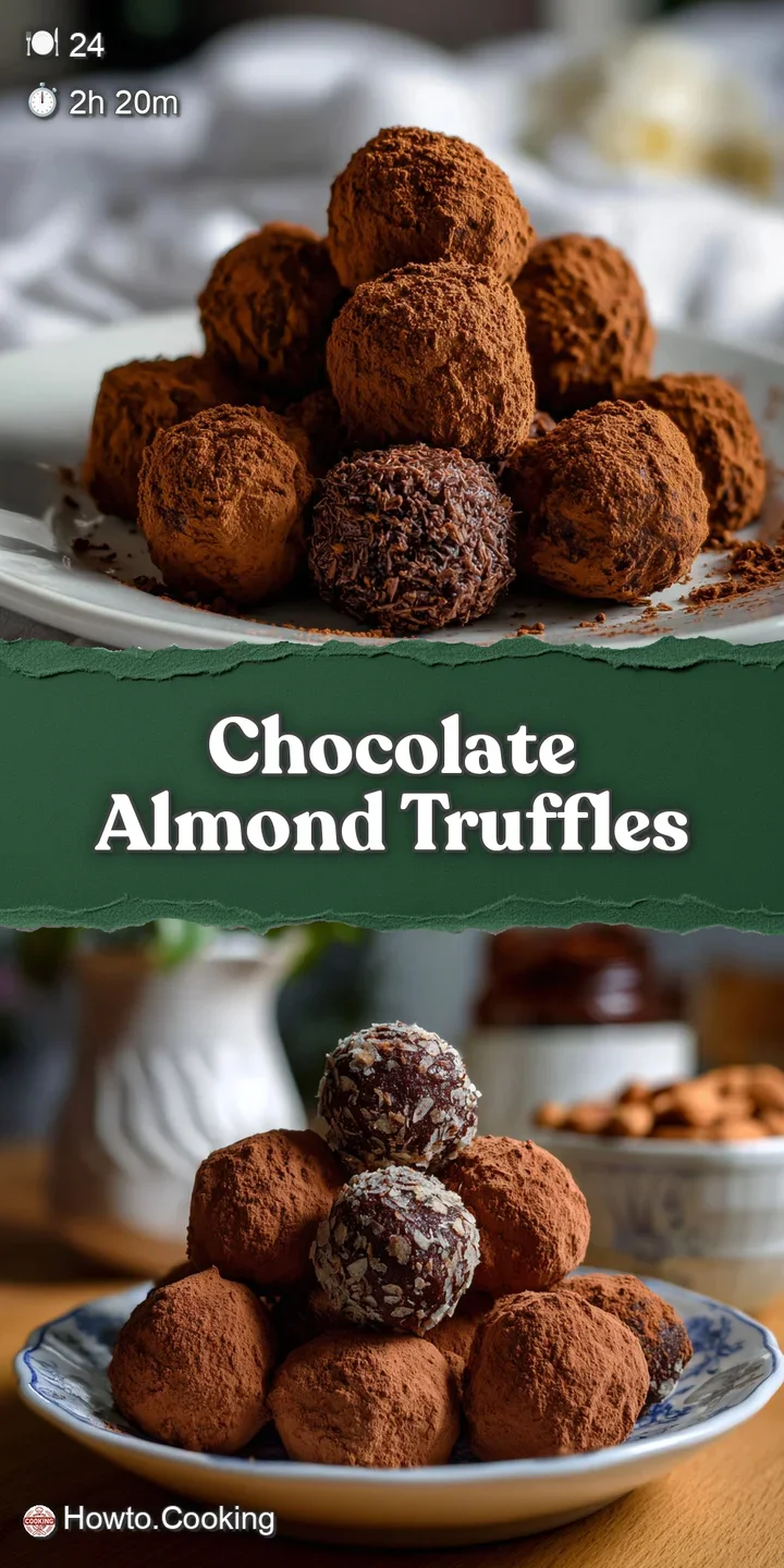 Close-up of a fudgy, dark chocolate truffle, coated in cocoa, showing the rich, smooth texture. Almond slivers are visible.