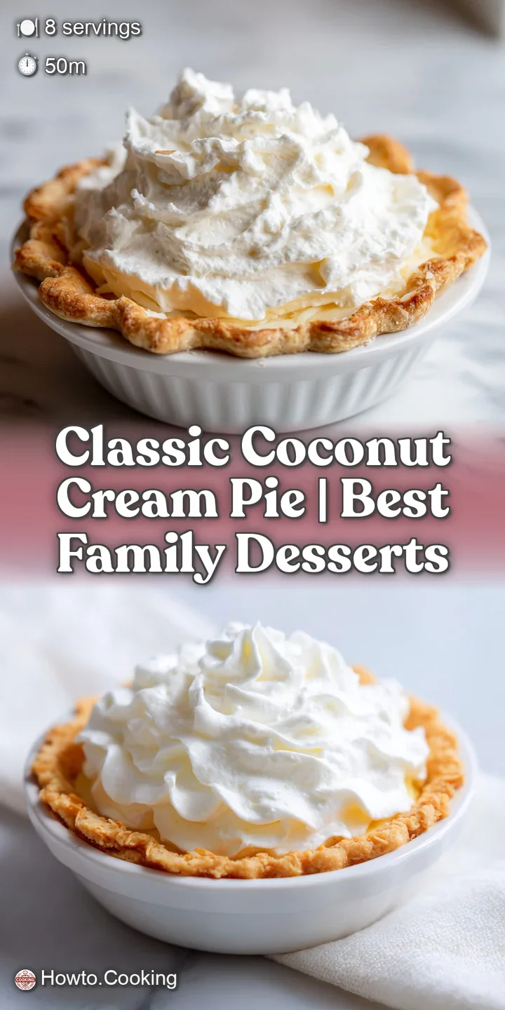 Close-up of fluffy coconut cream pie filling with toasted coconut flakes and a fork bite.