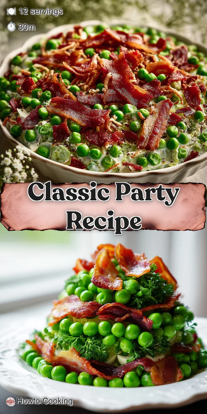 Close-up of layer salad. Creamy dressing, bright peas, and crispy bacon create a tantalizing texture contrast.