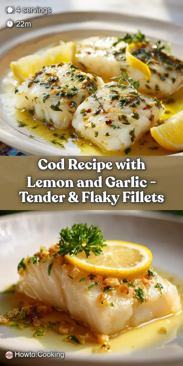 Close-up of tender, white cod, glistening with garlic-infused oil and herbs. The flaky texture is practically visible in t...
