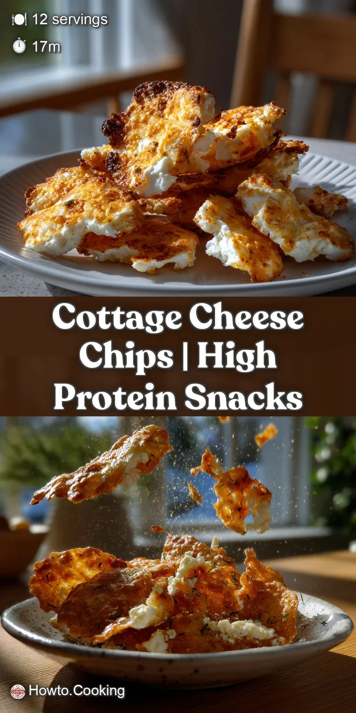 Close-up of baked cottage cheese chips, revealing their bubbly texture and golden-brown hue. Crispy edges and a slightly o...