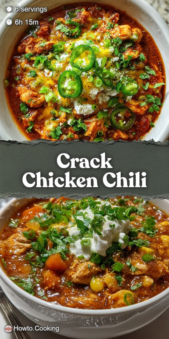 Close-up of rich, steaming chili with a cheesy swirl, highlighting the tender chicken and smoky bacon bits.