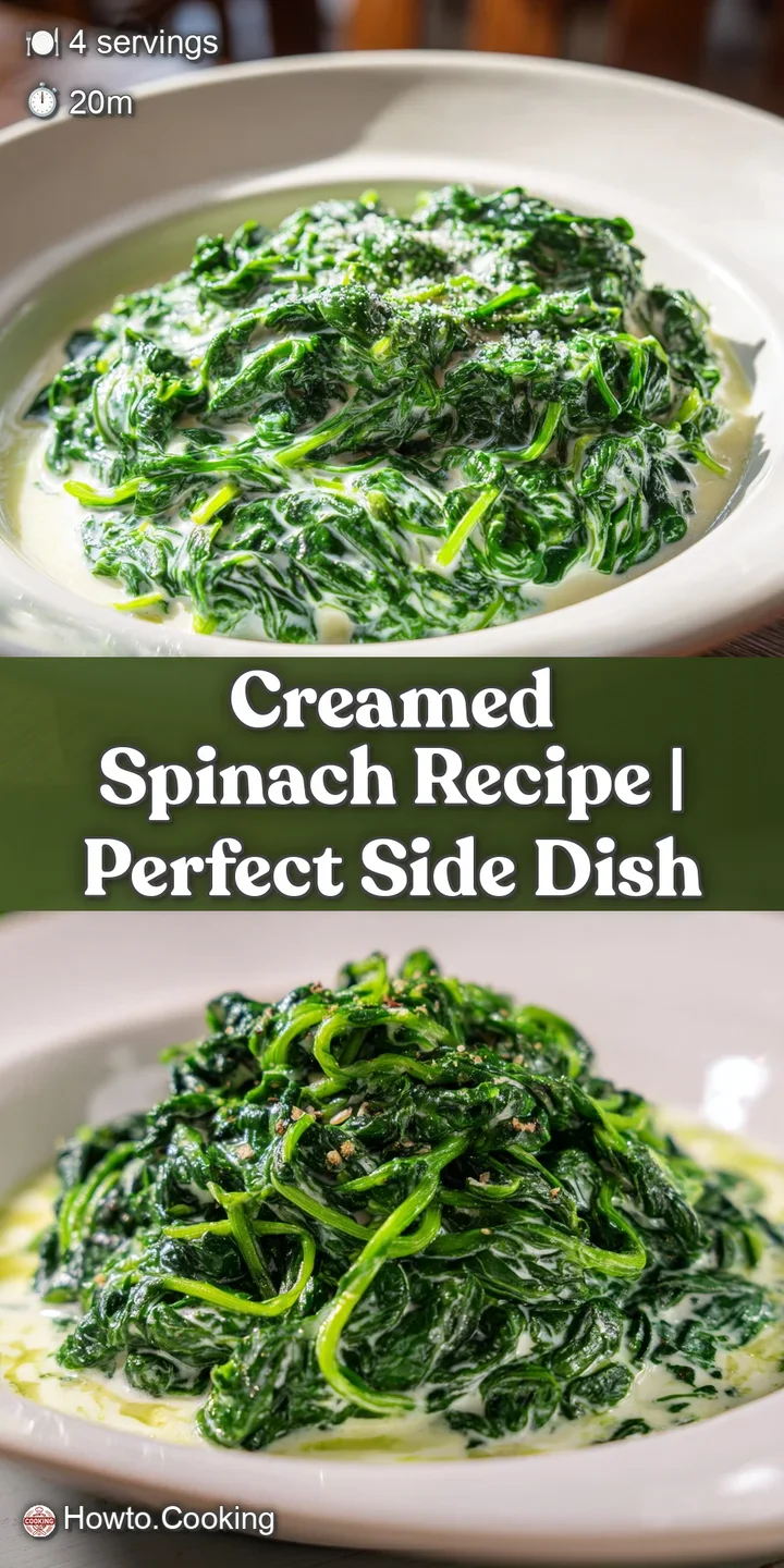 Close-up of smooth, emerald creamed spinach with visible flecks of seasoning.