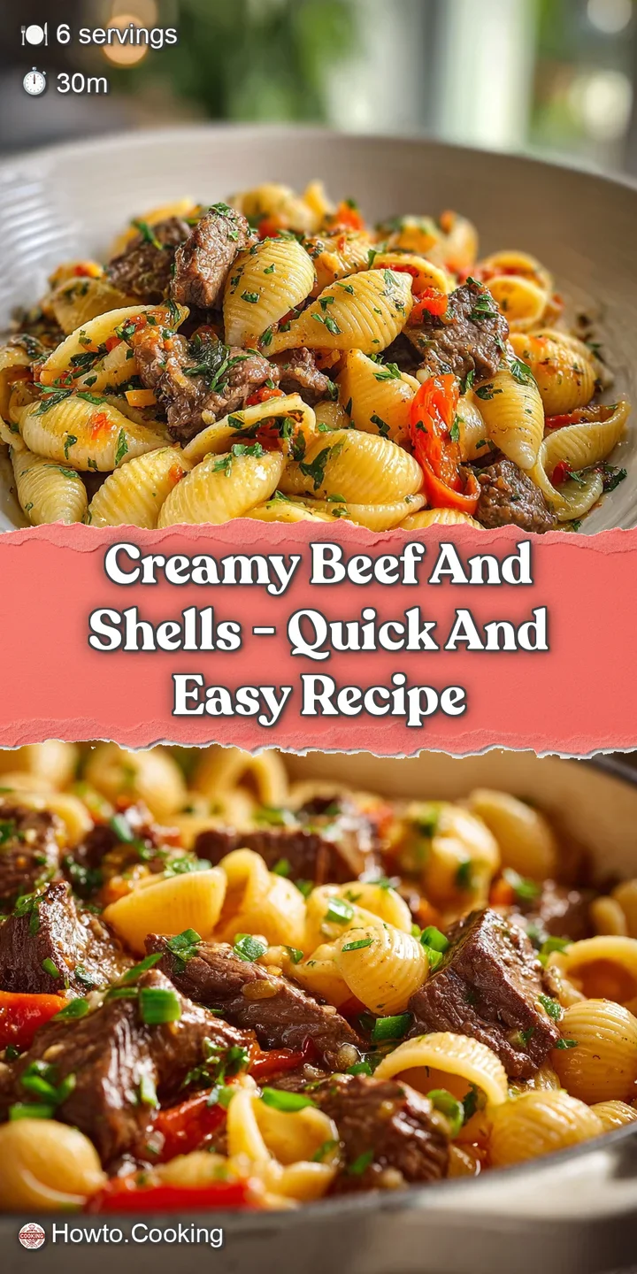 A tantalizing close-up showcases glistening pasta shells coated in a rich, creamy sauce with savory browned beef and fresh...