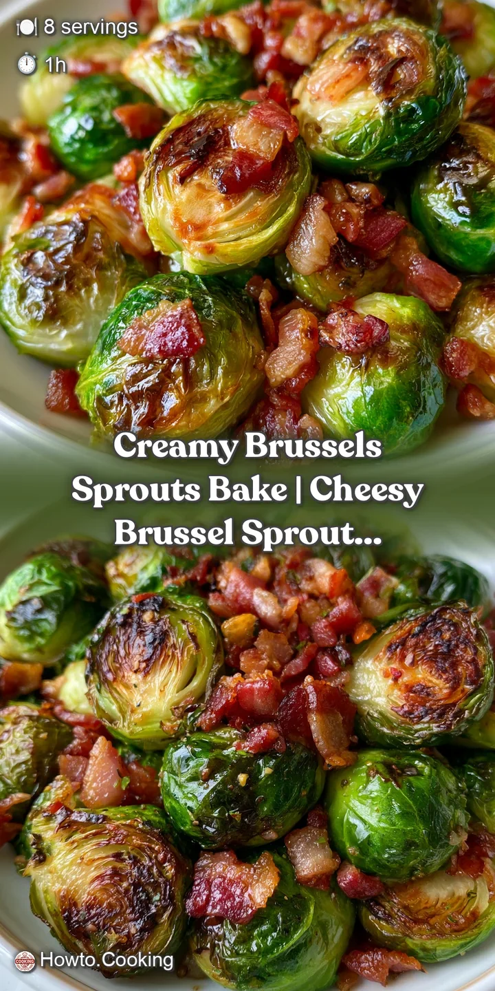 Close-up of tender, charred Brussels sprouts smothered in a thick creamy sauce and topped with crisp, brown bacon.
