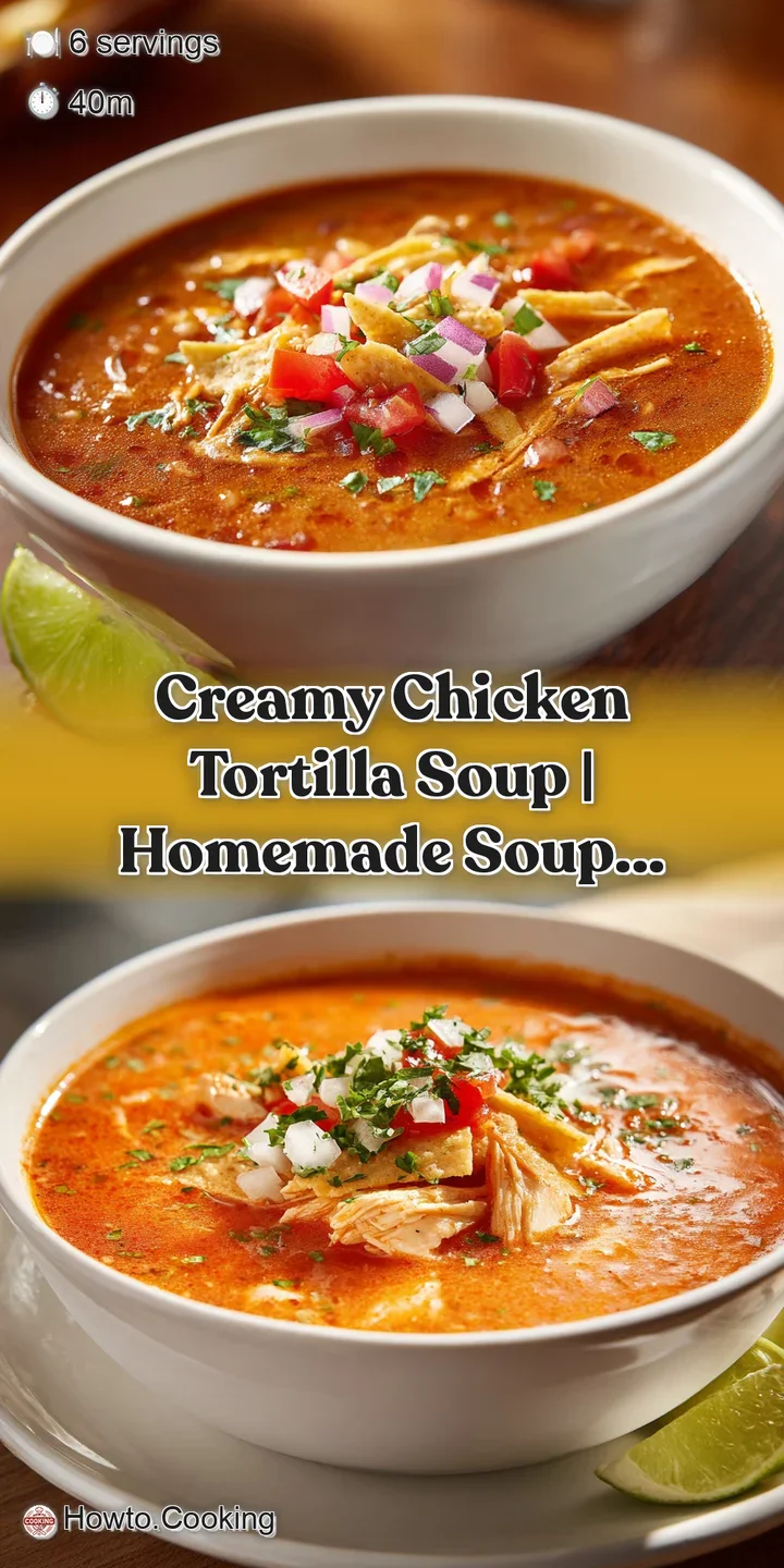 Close-up of steamy, creamy chicken soup, showcasing tender chicken, colorful veggies, and crispy tortilla strip textures.