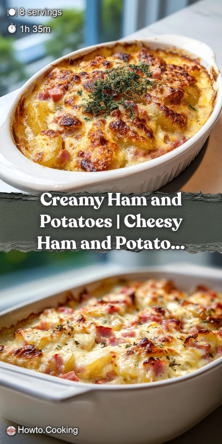 Close-up of creamy potatoes and savory ham pieces, glistening slightly in warm light.