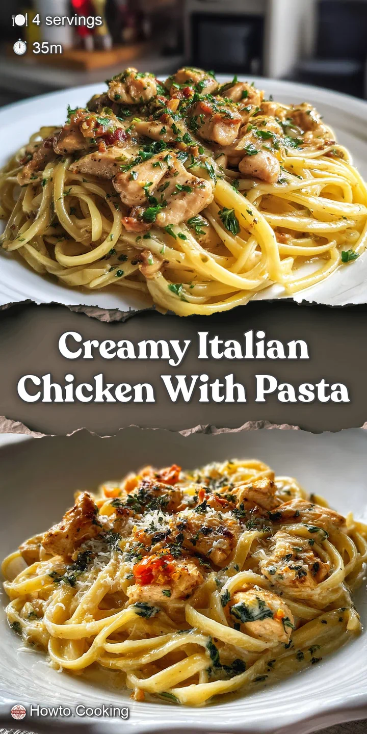 Close-up showcasing the creamy texture of the sauce clinging to perfectly cooked pasta and tender chicken, speckled with f...