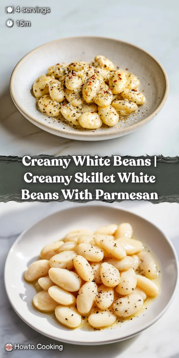 Close-up of velvety white beans coated in a glossy cheese sauce with visible grains of black pepper and fresh herbs.
