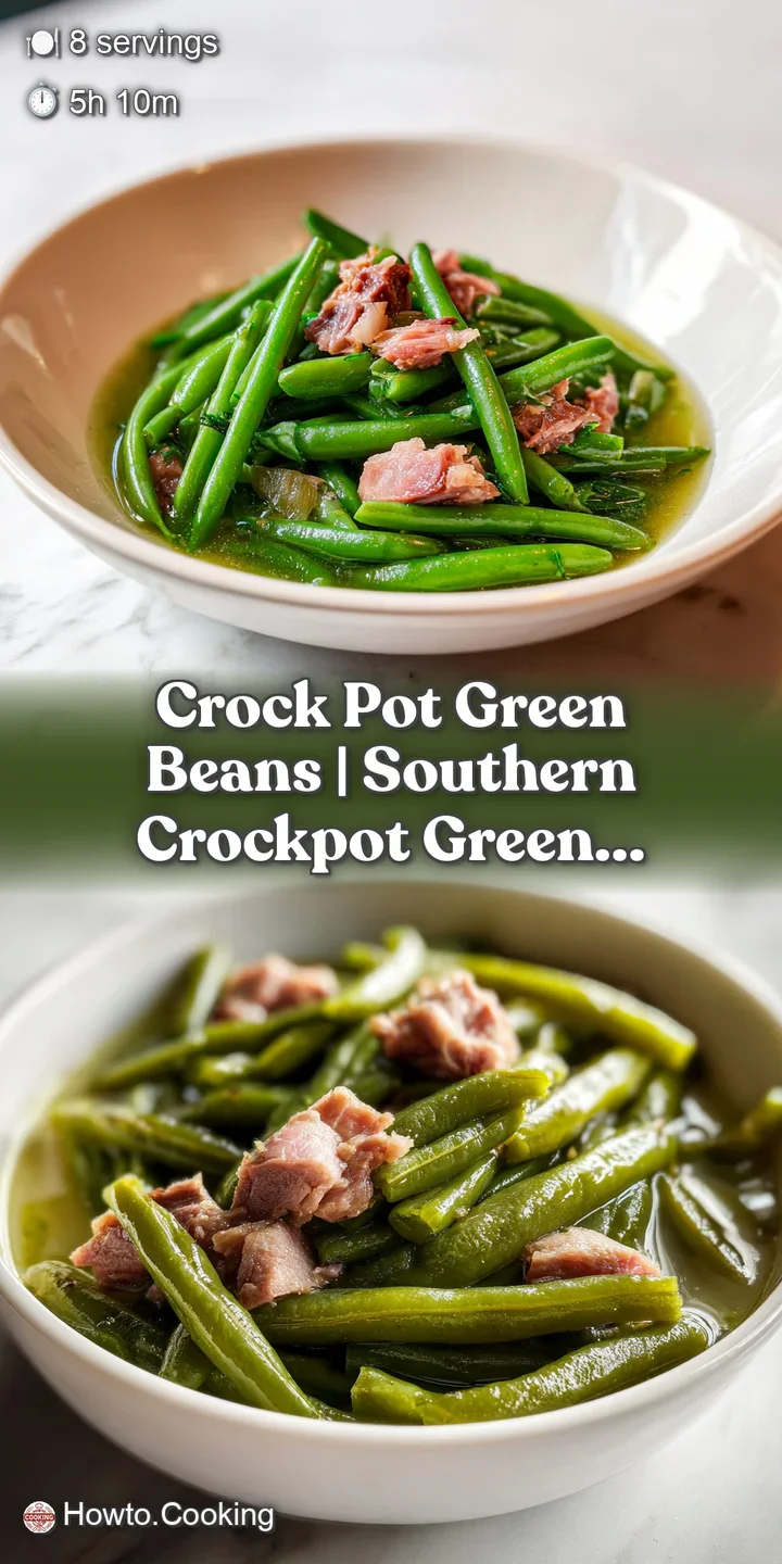 Close-up of glistening, tender green beans coated in a savory glaze alongside a smoky, salt-cured ham hock.