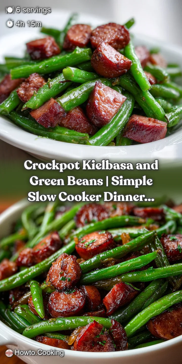 A close-up of tender kielbasa rounds and crisp-tender green beans with a rich, glossy sauce.