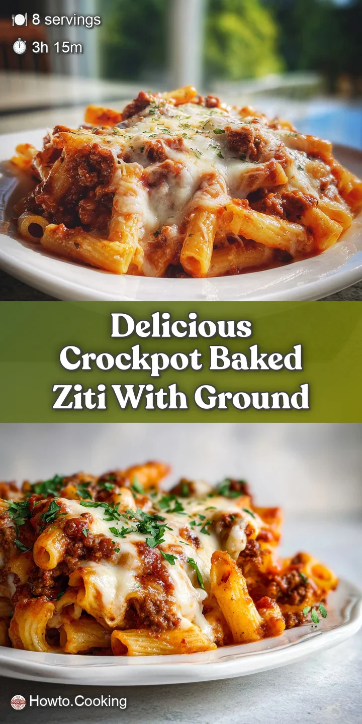 Close-up of saucy, cheesy baked ziti; ground meat visible, bubbling hot, ready to be devoured, and looking irresistible.