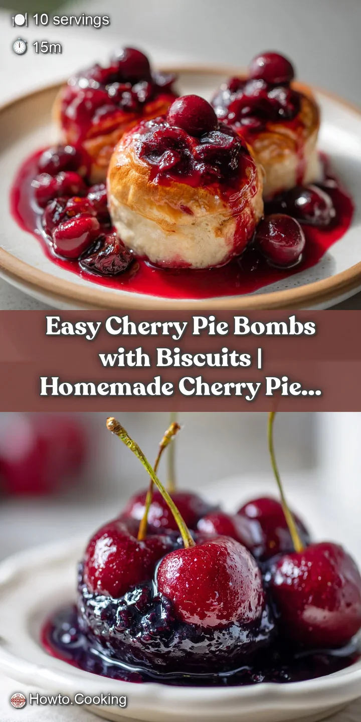 Close-up of a warm cherry pie bomb. Flaky biscuit exterior gives way to a burst of sweet, ruby-red cherry filling.