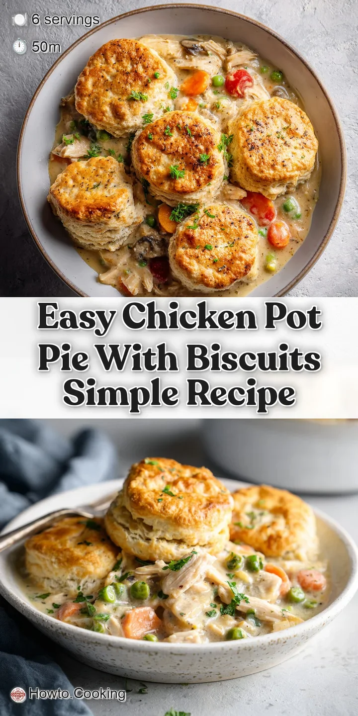 Close-up of chicken pot pie filling, studded with colorful vegetables, under a browned, flaky biscuit crust. Savory comfort.