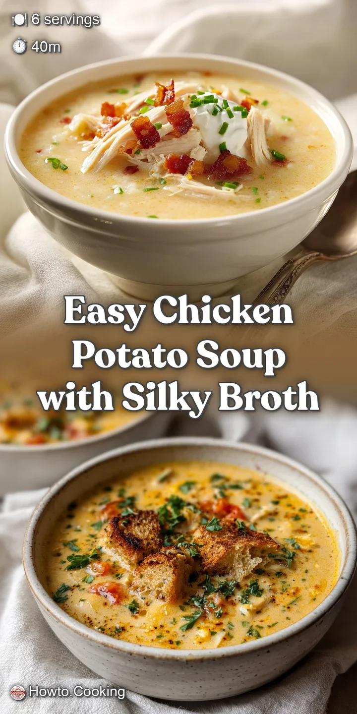 Close-up of rich, silky chicken potato soup. Tender chicken and soft potatoes glistening in the light. A comforting, heart...