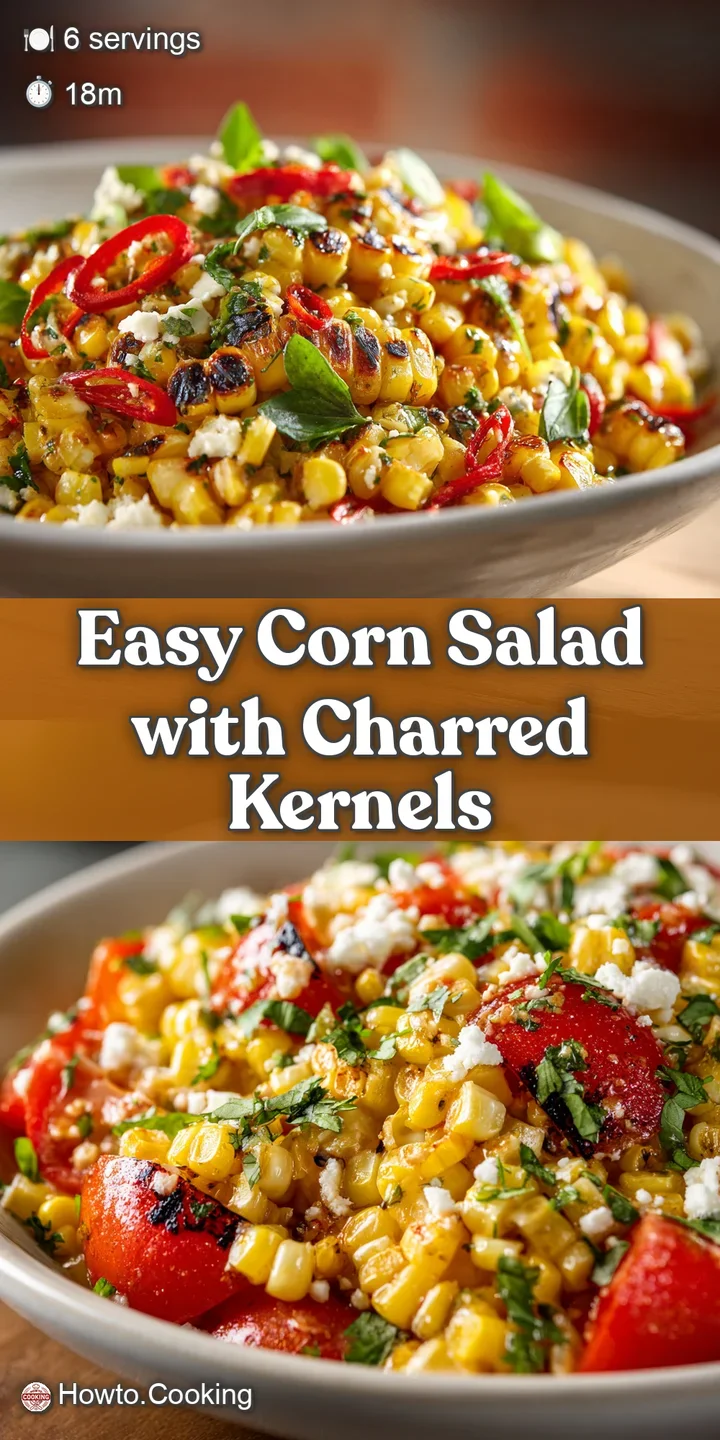 Close-up captures the blistered, juicy kernels of corn, mixed with colorful peppers, creating a mouthwatering and flavorfu...