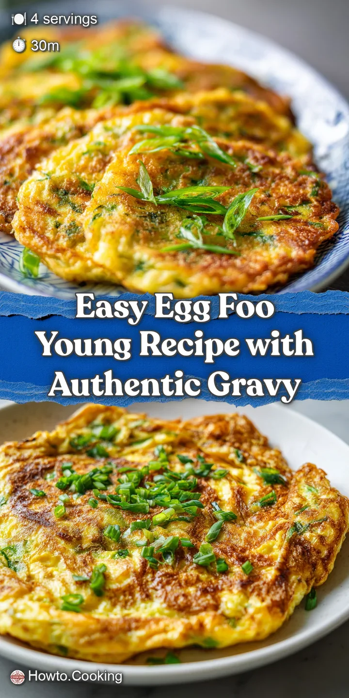 Close-up reveals the textural contrast of tender Egg Foo Young and savory gravy, studded with colorful vegetable bits.