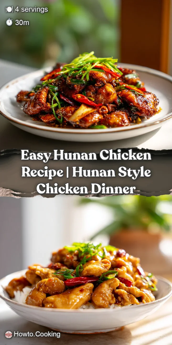 Close-up of spicy Hunan chicken reveals tender, juicy pieces coated in a rich, dark sauce. Flecks of chili provide visual ...