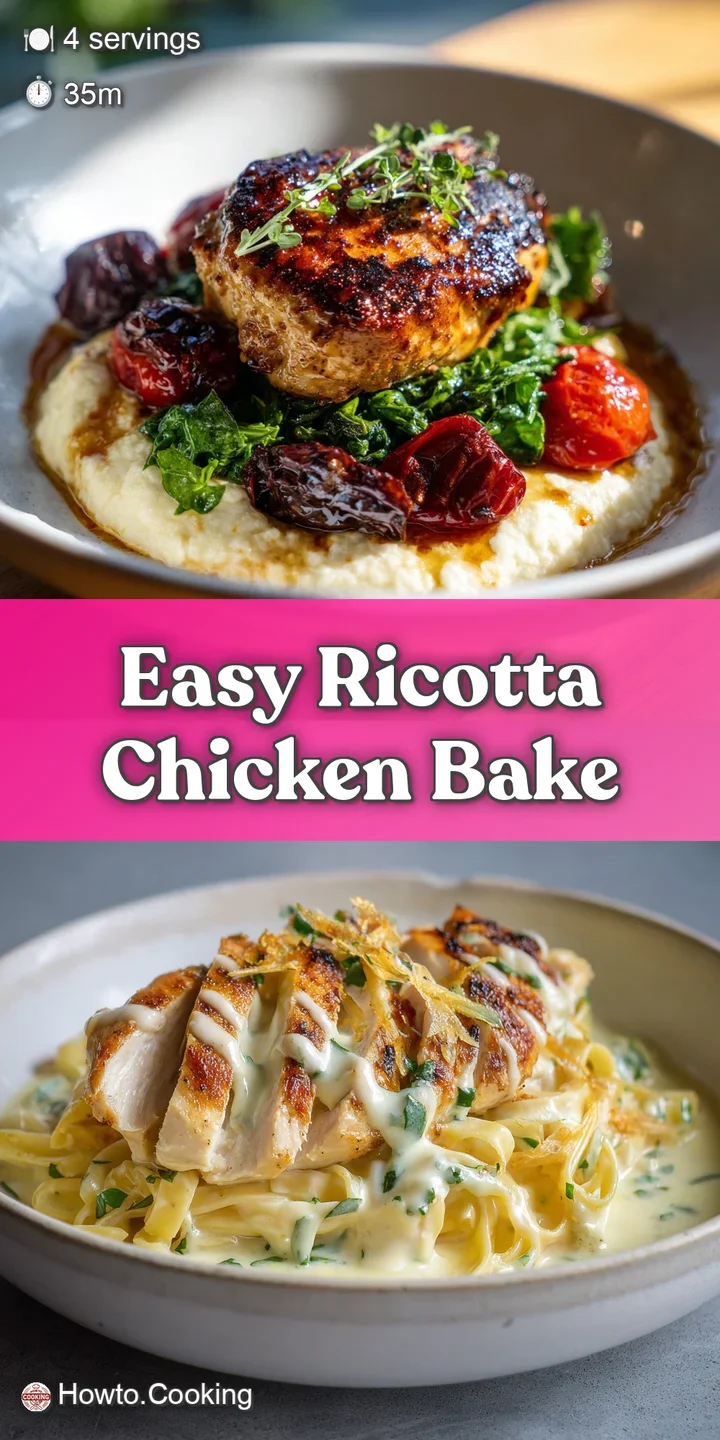 Close-up: Juicy chicken, herbs visible, creamy ricotta oozing slightly. Golden-brown pan drippings create a mouthwatering ...