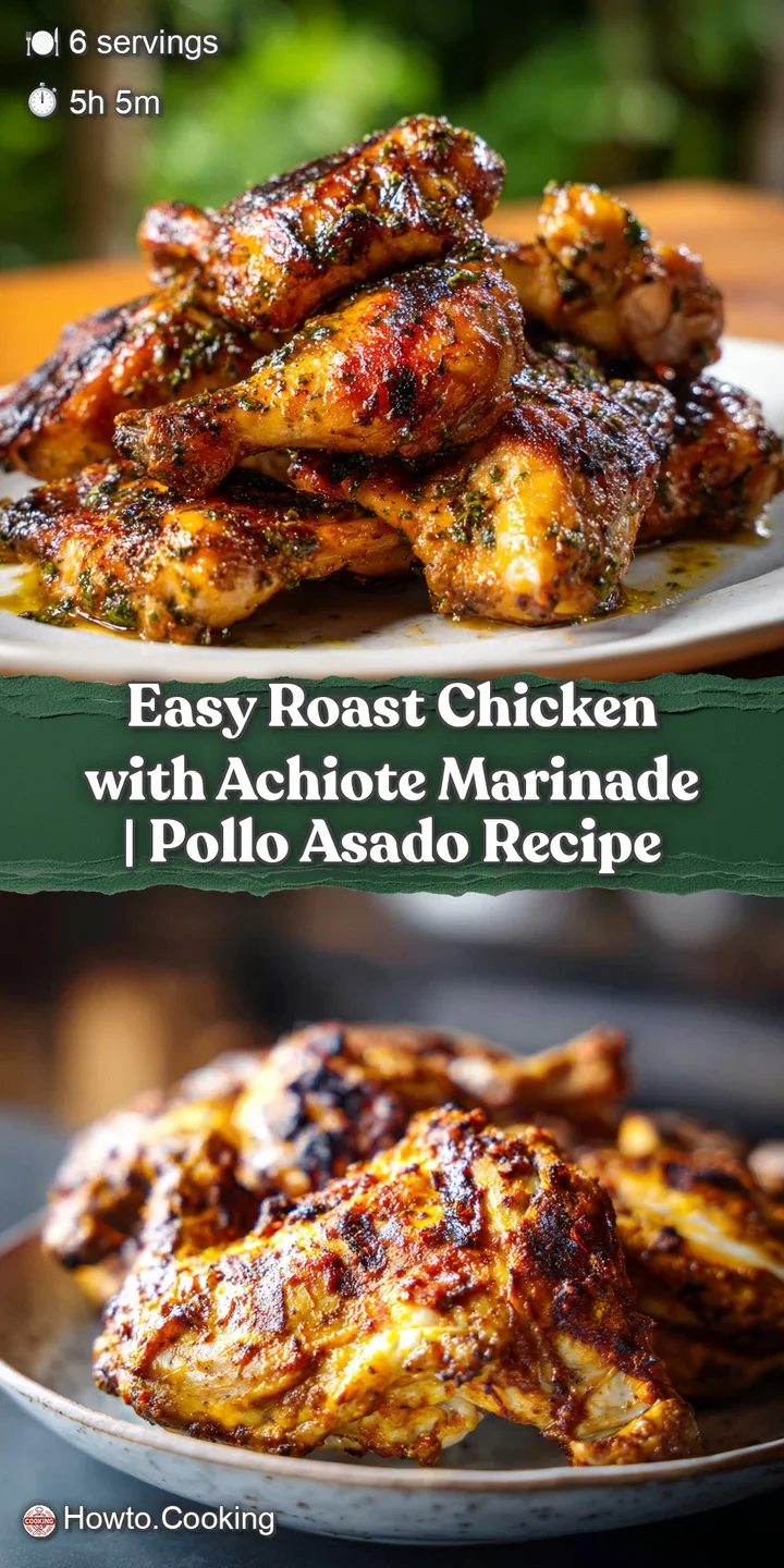 Close-up of achiote-glazed roast chicken, showing juicy meat with a vibrant, slightly caramelized skin. Hints of herbs are...